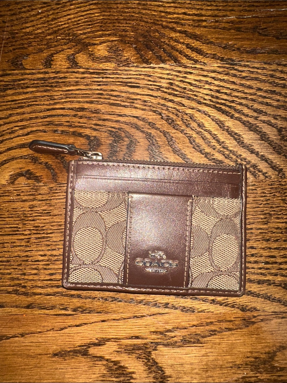 Coach Tan and Brown Signature Card Case with Zip Pocket